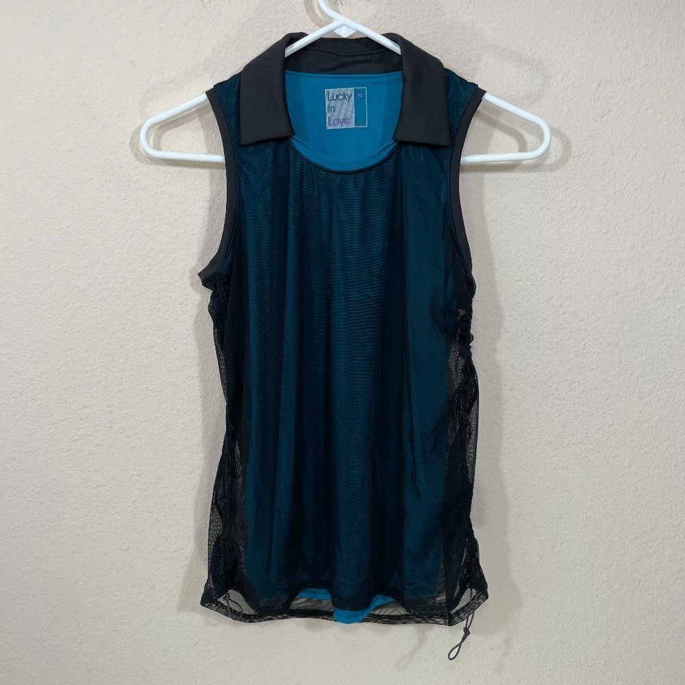 LUCKY IN LOVE Sleeveless Tank Size‎ XS Tennis Shirt Black Mesh Over Teal NWT